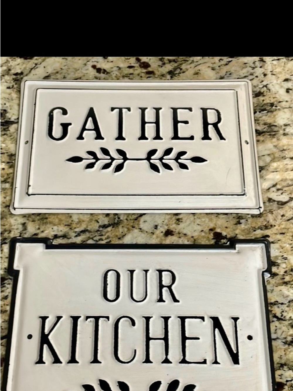 White "Gather" and "Our Kitchen" Wall Plaques, they are tin
